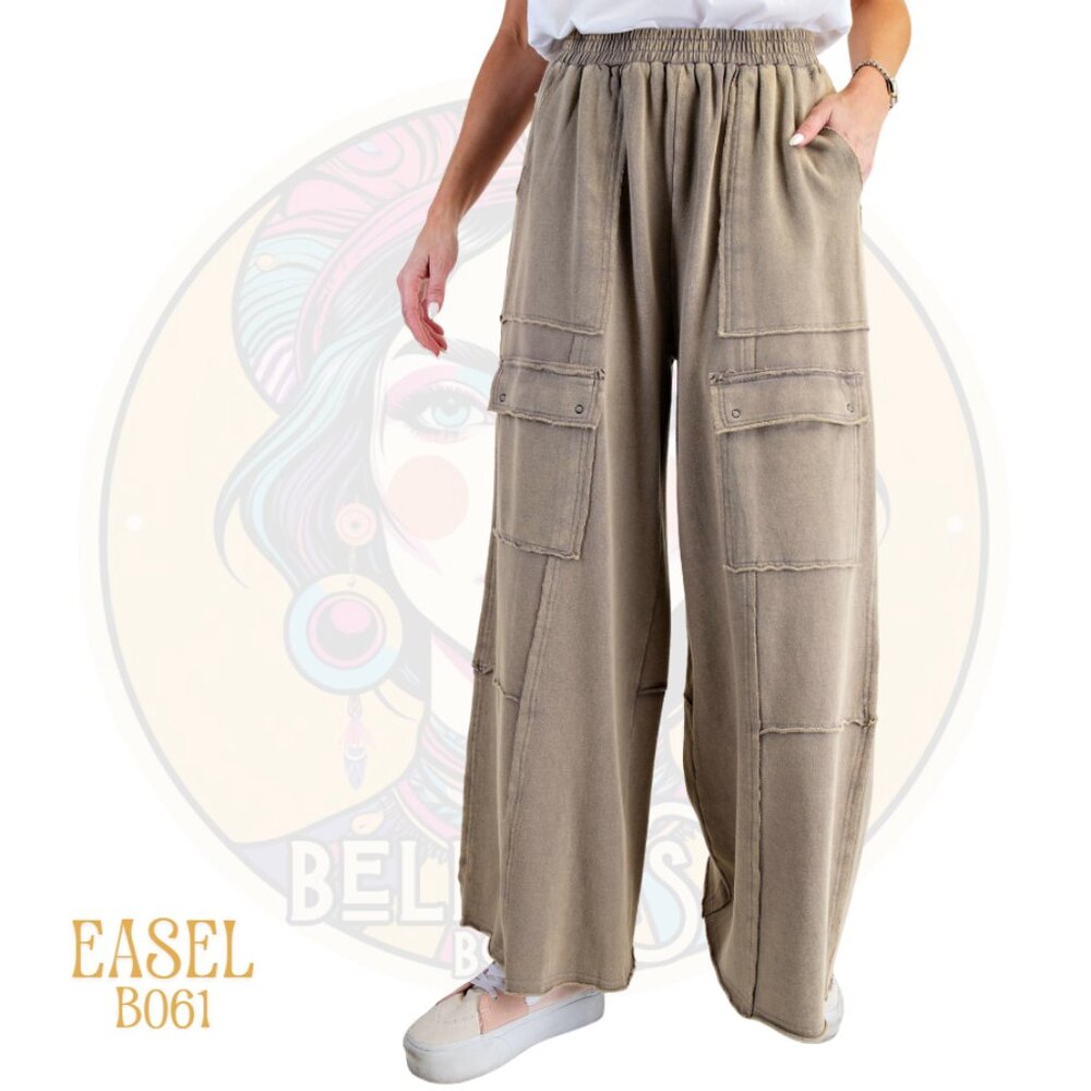 B061 EASEL Faded Olive Washed Wide Leg Cargo Pants